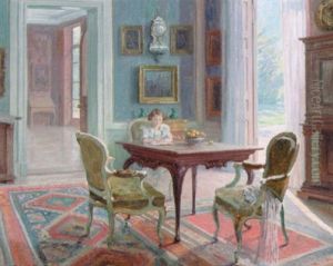 Herskabeligt Interior Med Husets Dater Laesende Ved Et Bord by Robert Panitzsch
