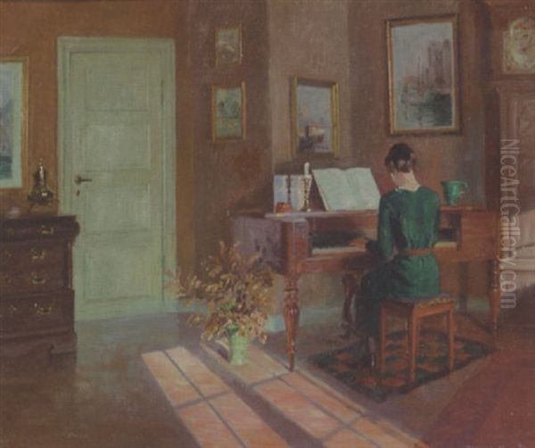 A Lady Playing A Piano In A Sunlit Interior - view 1
