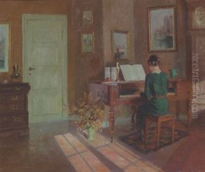 A Lady Playing A Piano In A Sunlit Interior