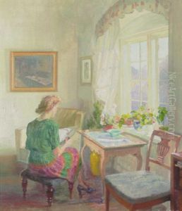 Interior Med Laesende Ung Dame Ved Vinduet