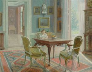 Herskabeligt Interior Med Husets Datter Laesende Ved Et Bord by Robert Panitzsch