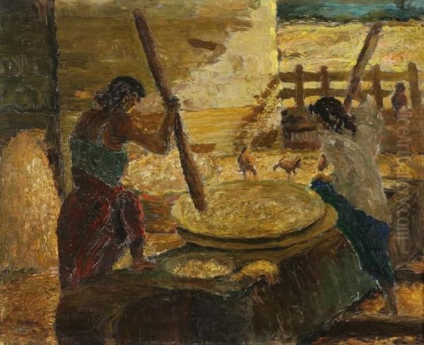 Kampongmet Enkele Vrouwelijke Figuren, Bezig Met Het Voorbereiden Vanvoedsel - view 1