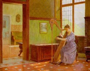 A Girl At A Harp In An Interior