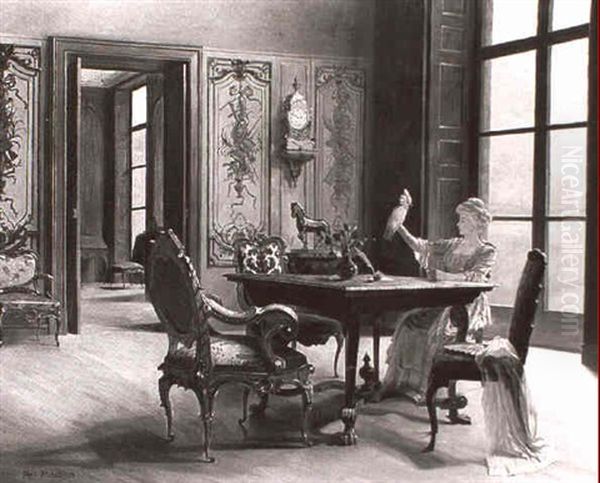 Rokoko - Interieur Mit Einer Dame, Die Am Tisch Sitzt Und   Einen Kakadu Auf Dem Arm Halt - view 1