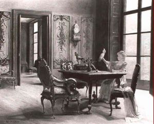 Rokoko - Interieur Mit Einer Dame, Die Am Tisch Sitzt Und   Einen Kakadu Auf Dem Arm Halt by Robert Panitzsch