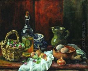 Martwa Natura Z Owocami, Butelka I Koszykiem by Josef Pankiewicz