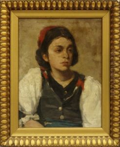 Portrait Of A Girl Seated Wearing A Red Scarf In Her Hair