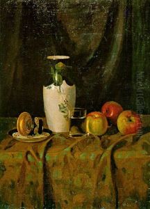Still Life With Vase. Apples, Glass And Porcelain Cup Still Life With Vase. Apples, Glass And Porcelain Cup