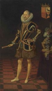 Portrait Of A Nobleman, Probably Juan Francisco Cristobal Fernandez De Hijar 4th Duke Of Hijar, Duke Of Aliaga And Lecera, Count Of Belchite, In Armour And Embroidered Trunk Hose, Holding A Baton by Juan Pantoja de la Cruz