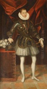Portrait Of The Infante Philip Iii Of Spain Aged 16, Full Length, Standing In Royal Armour, Wearing The Order Of The Golden Fleece by Juan Pantoja de la Cruz