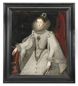 Portrait Of Margaret Of Austria, Queen Consort Of Spain And Portugal (1584-1611) In A Richly Embroidered Dress, Her Right Hand Resting On A Chair...
