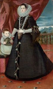 A Lady In A Black Dress With A White Ruff And A Child Holding A Birdcage On A Tiled Terrace