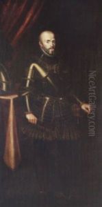 Portrait Of A Gentleman, In Armour With The Order Of The Golden Fleece, His Hand Resting On The Hilt Of His Sword, A Helmet On A Draped Table Behind by Juan Pantoja de la Cruz