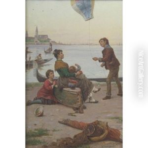 Venetian Scene With Figures On The Canal Side, A Boy Flying A Balloon, Gondolas On The Water