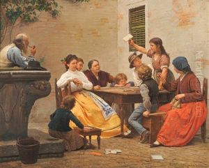 An Italian Courtyard With Numerous Figures Playing A Game Of Loto by Antonio Paoletti