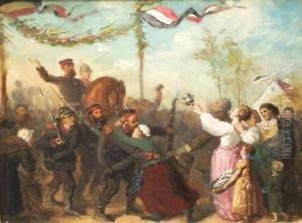 Ruckkehr Preusischer Soldaten 1870/71. Sie Werden In Einem Dorf Mit Blumen Und Ehrenpforte Jubelnd Begrust. Ol Auf Malkarton. 27 X 36,5 Cm. Ruckseitig Bezeichnet. Gerahmt. - view 1