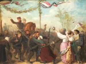 Ruckkehr Preusischer Soldaten 1870/71. Sie Werden In Einem Dorf Mit Blumen Und Ehrenpforte Jubelnd Begrust. Ol Auf Malkarton. 27 X 36,5 Cm. Ruckseitig Bezeichnet. Gerahmt.