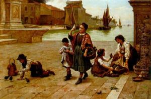 Die Kleinen Vogelverkaufer An Der Riva Degli Schiavoni by Antonio Paoletti
