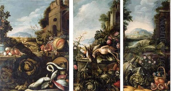 Grapes, Pomegranates, Onions, A Melon And A Pear Tree In A Pot On Two Stone Ledges, With Fish, Cabbages And Artichokes, By Ruins In An Extensive Landscape (+ 2 Others, Smaller; Set Of 3) - view 1