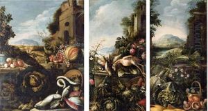 Grapes, Pomegranates, Onions, A Melon And A Pear Tree In A Pot On Two Stone Ledges, With Fish, Cabbages And Artichokes, By Ruins In An Extensive Landscape (+ 2 Others, Smaller; Set Of 3)