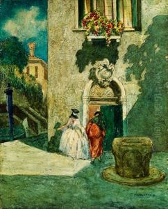 Venezianische Szenerie Mit Zwei Maskierten Personen Neben Einem Brunnen Vor Einem Palazzo In Venedig