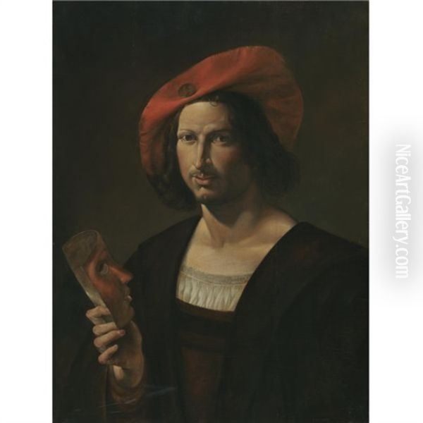 Portrait Of A Young Man Wearing A Wide-brimmed Red Hat And Holding A Mask - view 1