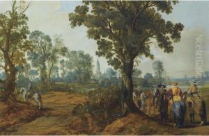 A Wooded Landscape With Mounted Soldiers, A Church Tower Beyond by Gerrit Claesz Bleker