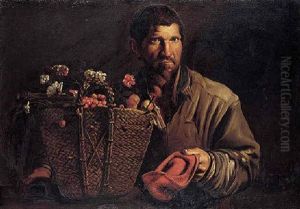 A Fruit-seller Holding A Basket Of Apples, Cherries And Flowers