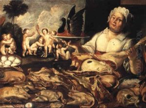 Natura Morta Di Polii E Carni, Con Cuoca E Giochi Di Putti Nell Sfondo by Pietro Paolini