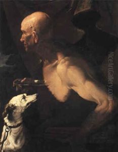Philosopher With Bagpipes, Glass Dish Of Wine And A Dog
