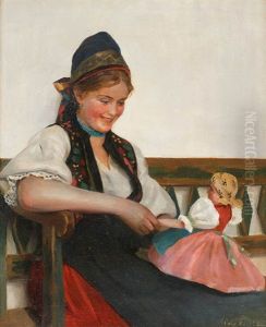 Junges Madchen In Tracht Mit Kleiner Puppe by Emil Pap