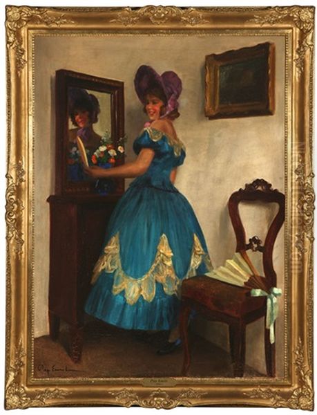The Purple Bonnet, A Young Girl Admiring Herself In A Mirror - view 1