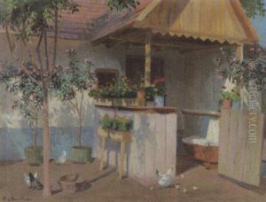 Sonniger Hauseingang Mit Wiege Und Huhnern
