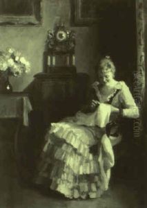Young Girl Sewing In An Interior by Emil Pap