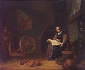 A Woman Reading In A Cottage Interior With A Spinning Wheel