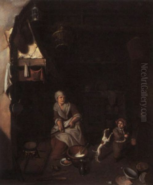 A Kitchen Interior With A Woman Cooking At A Fire - view 1