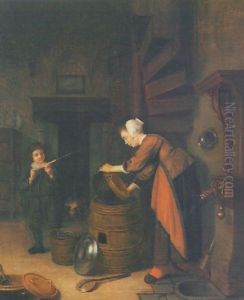 A Kitchen Interior With A Mischievous Boy Spraying A Scullery-maid
