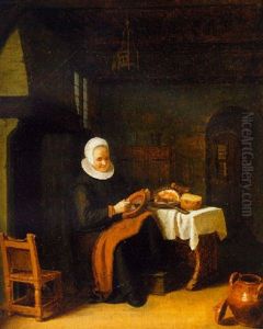 An Old Lady Eating At A Table In An Interior