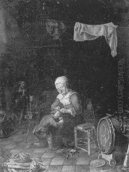 Vieille Femme Epouillant Les Cheveux D'un Jeune Garcon - view 1