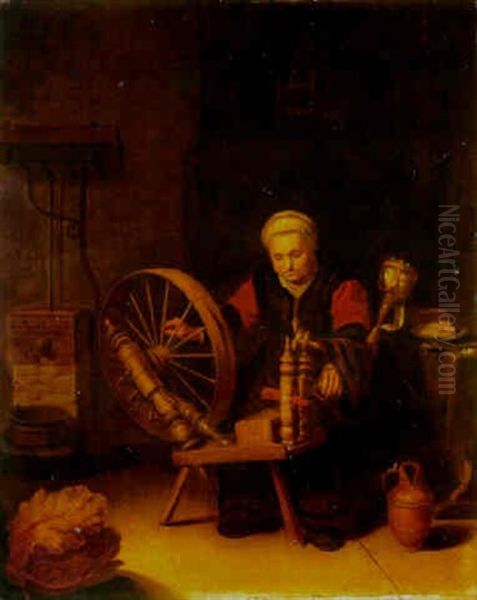 An Old Woman At A Spinning-wheel In An Interior - view 1
