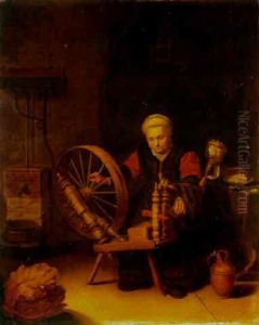 An Old Woman At A Spinning-wheel In An Interior by Abraham de Pape