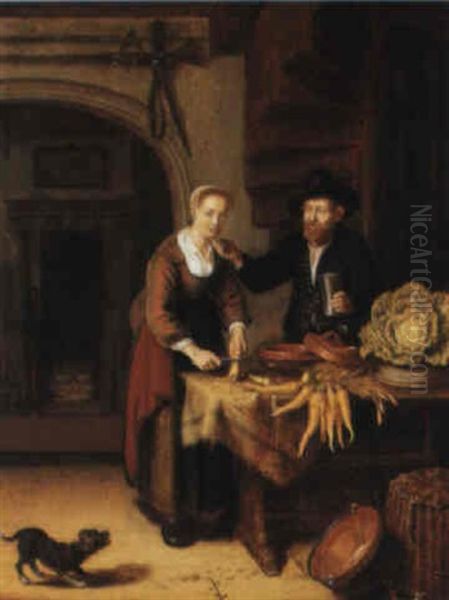 A Kitchen Interior With An Elderly Man Caressing A Kitchen Maid - view 1