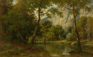 A Mountainous Forest Landscape With Pond And Game