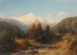 Berglandschaft Mit Fluss Und Holzbrucke