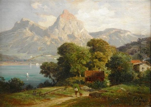 Sommeridylle. Blick Auf Ein Baum Bestandenes Seeufer Mit Bauernkaten. Im Hintergrund Eine Gebirgskette In Gleisendem Sonnenlicht. Am Vierwaldtstattersee(?) - view 1