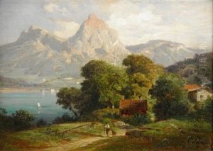 Sommeridylle. Blick Auf Ein Baum Bestandenes Seeufer Mit Bauernkaten. Im Hintergrund Eine Gebirgskette In Gleisendem Sonnenlicht. Am Vierwaldtstattersee(?)