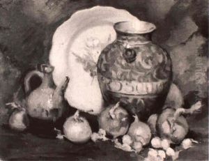 Blue And Gold Still Life With Onions And Pottery