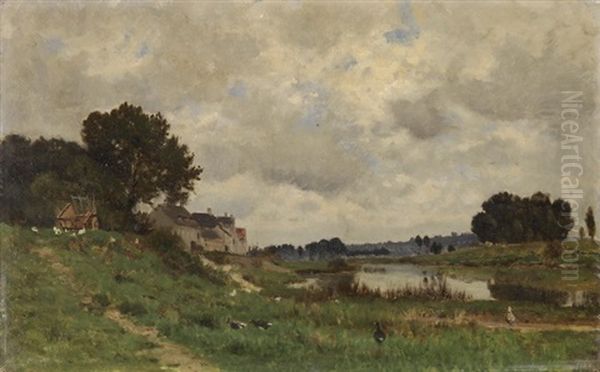 Landschaft Mit Weiher, Baumen, Hausern, Figuren- Und Tierstaffage - view 1