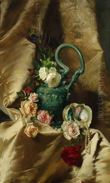 Stilleben Mit Bunten Rosen Und Pfauenfedern In Einer Hydria Mit Reliefdekor - view 1