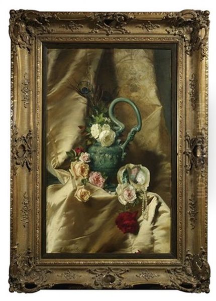 Stilleben Mit Bunten Rosen Und Pfauenfedern In Einer Hydria Mit Reliefdekor - view 1